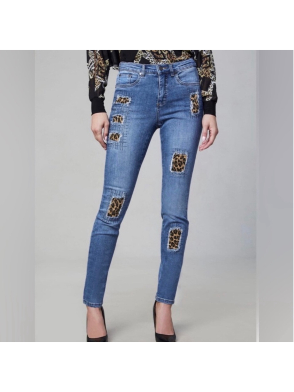 Joseph Ribkoff Jeans Size 10 Leopard Print Distressed Bling Pants Skinny Denim